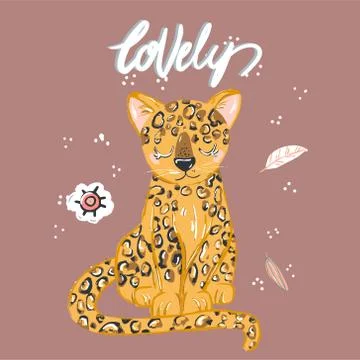 Cute leopard flat hand drawn illustration. Cheetah, jaguar character with let Stock Illustration