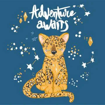 Cute leopard flat hand drawn illustration. Cheetah, jaguar character with let Stock Illustration