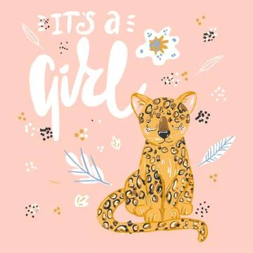 Cute leopard flat hand drawn illustration. Cheetah, jaguar character with let Stock Illustration