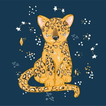 Cute leopard flat hand drawn illustration. Cheetah, jaguar character with let Stock Illustration