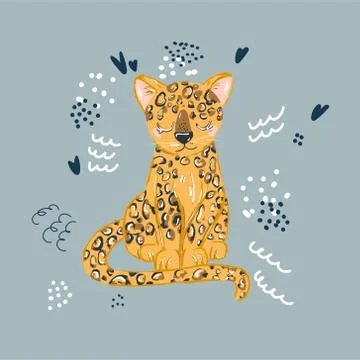 Cute leopard flat hand drawn illustration. Cheetah, jaguar character with let Stock Illustration