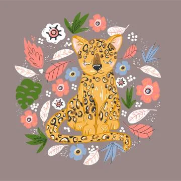 Cute leopard flat hand drawn illustration. Cheetah, jaguar character with let Stock Illustration