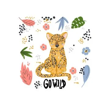 Cute leopard flat hand drawn illustration. Cheetah, jaguar character with let Stock Illustration