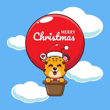 Cute leopard fly with air balloon in Christmas day. Stock Illustration