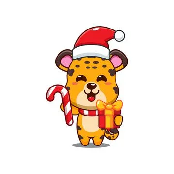 Cute leopard holding christmas candy and gift. Stock Illustration