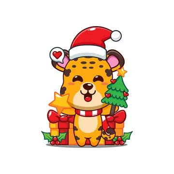 Cute leopard holding star and christmas tree cartoon vector illustration. Stock Illustration