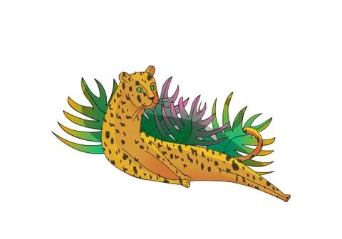 Cute leopard lying near tropical leaves. Large wild cat with spotted body and Stock Illustration
