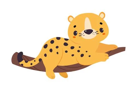 Cute Leopard or Jaguar Cub Lying on Tree Branch Vector Illustration Stock Illustration