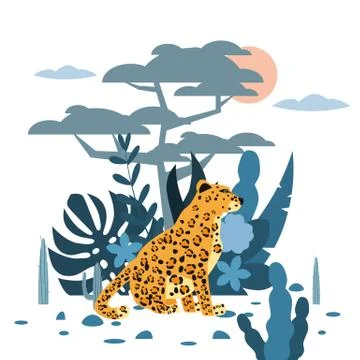 Cute leopard, plant and tree background, graphic trend style, animal predator Stock Illustration