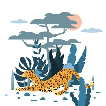 Cute leopard, plant and tree background, graphic trend style, animal predator Stock Illustration