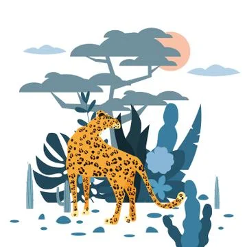 Cute leopard, plant and tree background, graphic trend style, animal predator Stock Illustration