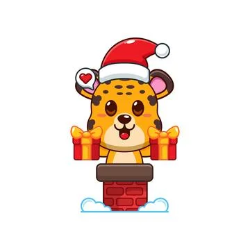Cute leopard with santa hat holding Christmas gift box in the chimney. Stock Illustration