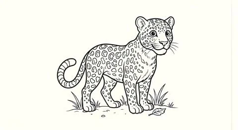 Cute Leopard Standing on Grass Field Coloring Page Line Art Vector Illustration Stock Illustration
