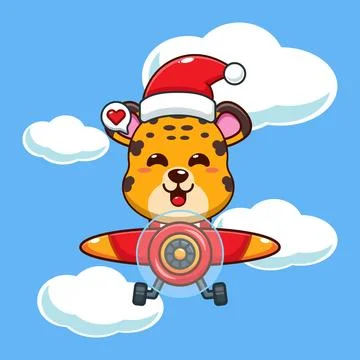Cute leopard wearing santa hat fly with plane in Christmas day. Stock Illustration