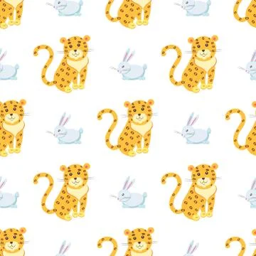 Cute Leopards and Rabbit Vector Seamless Pattern 스톡 일러스트