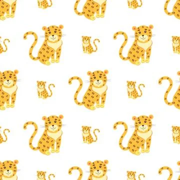 Cute Leopards Flat Vector Seamless Pattern Stock Illustration