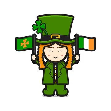 Cute leprechaun saint patrick day character holding irish flag cartoon vector Stock Illustration