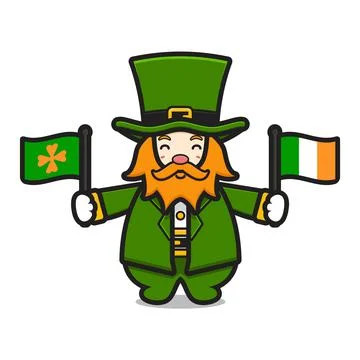 Cute leprechaun saint patrick day character holding irish flag cartoon vector Stock-Illustration