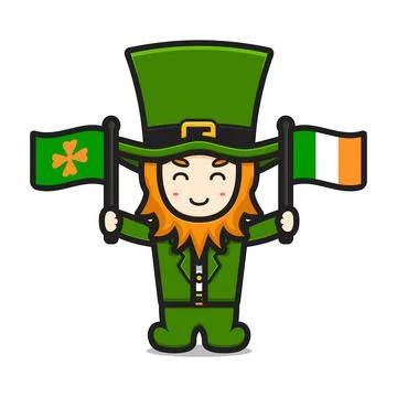 Cute leprechaun saint patrick day character holding irish flag cartoon vector Stock Illustration
