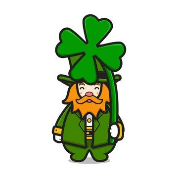 Cute leprechaun saint patrick day character holding clover cartoon vector ico Stock Illustration