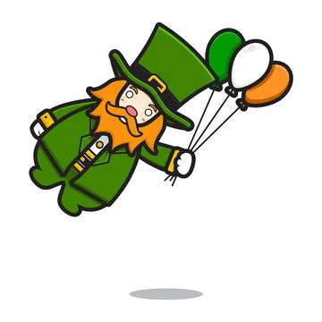Cute leprechaun saint patrick day character flying holding balloon cartoon ve Stock Illustration