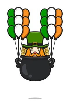 Cute leprechaun saint patrick day character flying with balloon cartoon vecto Stock Illustration