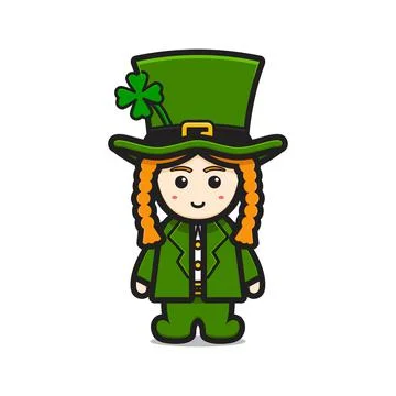 Cute leprechaun saint patrick day character with clover cartoon vector icon i Stock Illustration