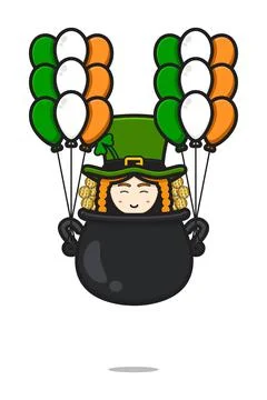 Cute leprechaun saint patrick day character flying with balloon cartoon vecto Stock-Illustration