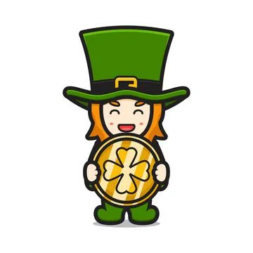 Cute leprechaun saint patrick day character holding clover coin cartoon vecto Stockillustratie