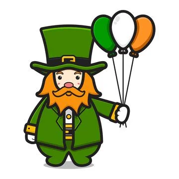 Cute leprechaun saint patrick day character holding balloon cartoon vector ic Stock Illustration