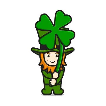 Cute leprechaun saint patrick day character holding clover cartoon vector ico Stock Illustration