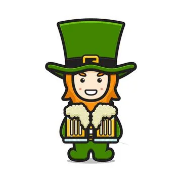 Cute leprechaun saint patrick day character holding beer cartoon vector icon  Stock Illustration