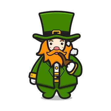 Cute leprechaun saint patrick day character pipe smoking cartoon vector icon  Stockillustratie