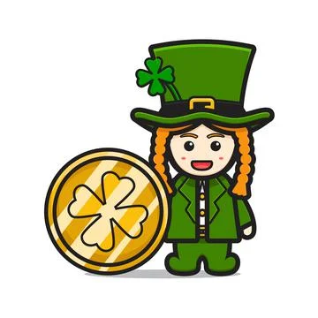 Cute leprechaun saint patrick day character holding clover coin cartoon vecto Stock Illustration