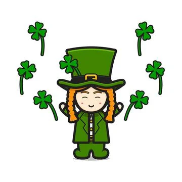 Cute leprechaun saint patrick day character celebrate with clover cartoon vec Stock Illustration