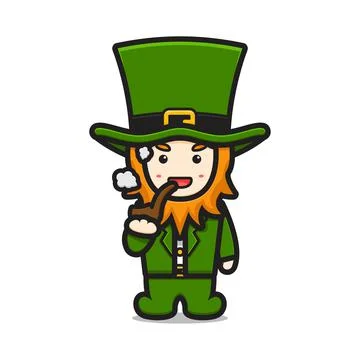 Cute leprechaun saint patrick day character pipe smoking cartoon vector icon  Stock Illustration