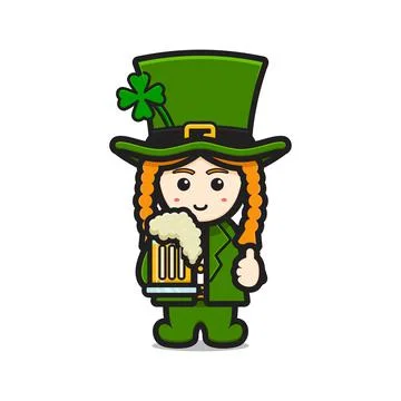 Cute leprechaun saint patrick day character holding beer cartoon vector icon  Stock Illustration