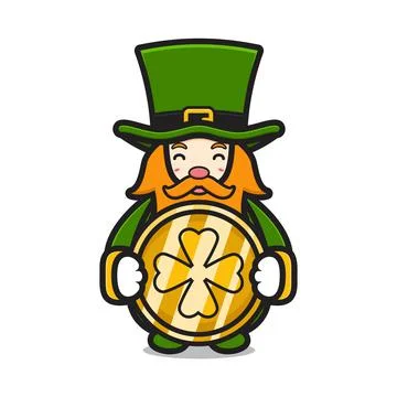 Cute leprechaun saint patrick day character holding clover coin cartoon vecto 스톡 일러스트