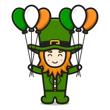 Cute leprechaun saint patrick day character holding balloon cartoon vector ic Stock Illustration