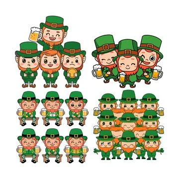 Cute Leprechauns Drinking Beer St. Patrick's Day Celebration Stock Illustration