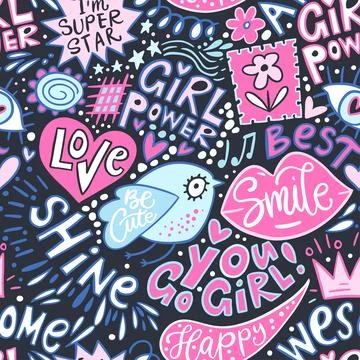 Cute lettering girly seamless pattern vector cool bird funny girl power smile Stock Illustration