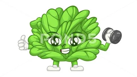 Cute Lettuce Cartoon Character Exercising with Dumbbell. Modello PSD