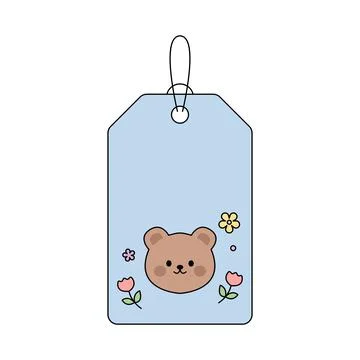 Cute light blue gift tag template with a kawaii brown bear and spring flowers Illustrazione stock