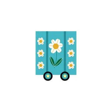 Cute light blue train cart with white flowers and star wheels Stock Illustration