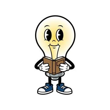Cute Light Bulb Mascot Reading Book Vector Clipart Stock Illustration