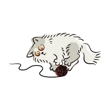 Cute light grey cat playing with yarn ball Illustrazione stock