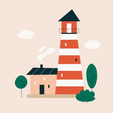 Cute lighthouse surrounded by green trees Stock Illustration