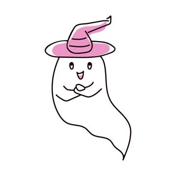 Cute line art style ghost wearing a pink witch hat with folded hands smiling Stock Illustration