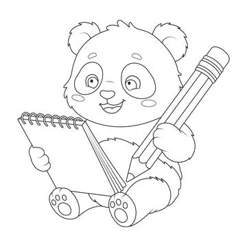 Cute line art vector illustration of a panda student holding a notepad and .. Illustration