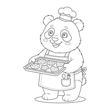 Cute line art vector illustration of a panda chef holding a cookie tray wit.. Stock Illustration